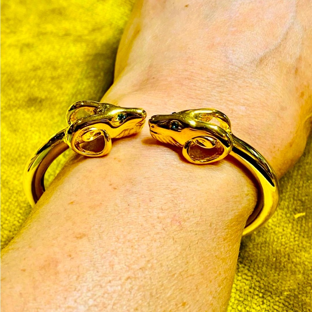 Vintage KJL 22kt Gold Plated Double Rams Head Bracelet w/ Blue Crystal Eyes